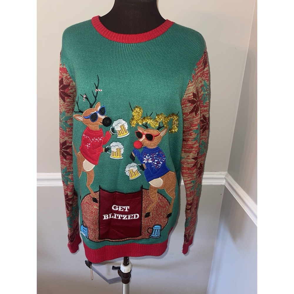 Jolly Sweaters Get Blitzed Ugly Christmas Sweater‎ Beer Reindeers Embroidered M